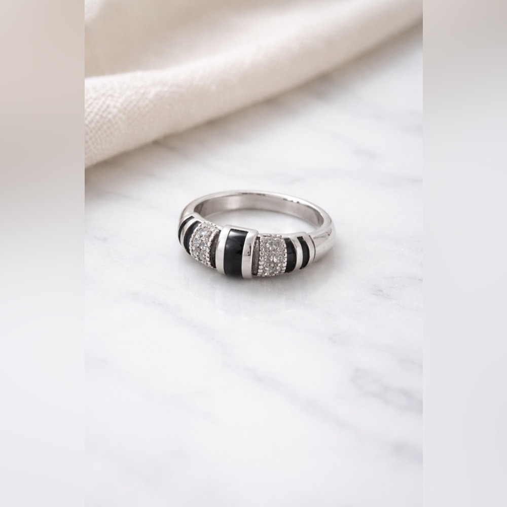 925 Sterling Silver Onyx & Marcasite Band Ring | Vintage Statement Ring | Size 6 - Picture 1 of 6